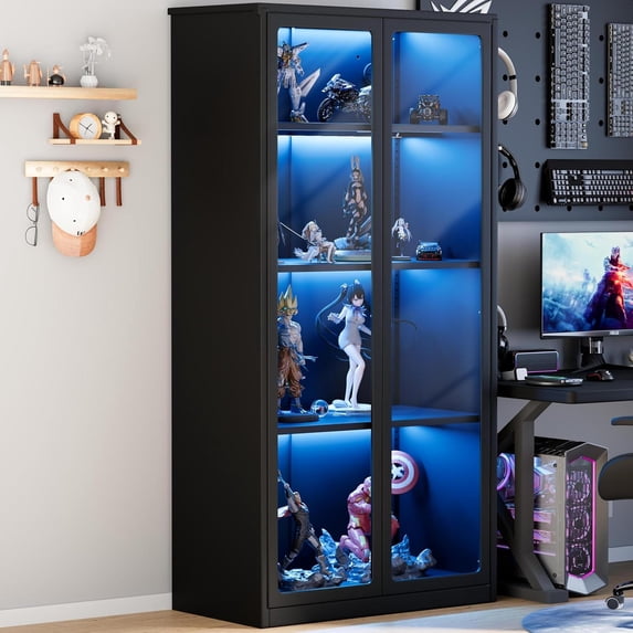 YODOLLA Display Cabinet with Acrylic Glass Doors Storage Cabinets with Adjustable Shelves Pantry Storage Cabinet Metal Curio Cabinet for Living Room Office and Kitchen, Black