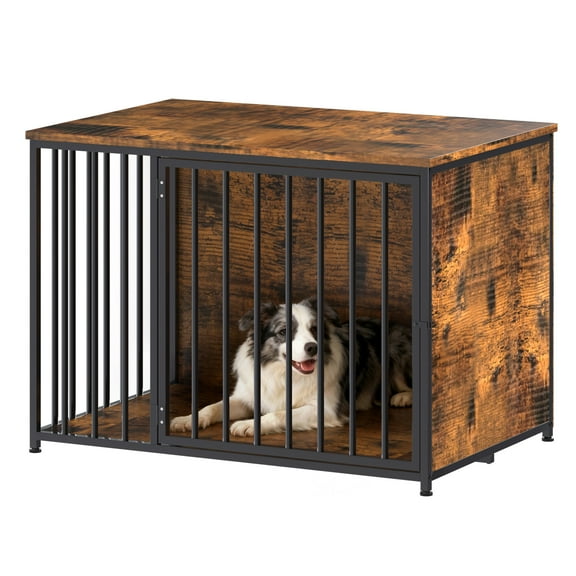 YODOLLA Dog Crate Furniture for Large and Medium Dogs, 36 Inch Wooden & Steel Decorative Indoor Kennel, Pet Cage End Table for Home, Escape-Proof & Chew-Proof, Rustic Brown