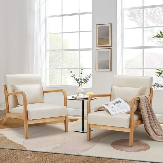 YODOLLA Fabric Accent Chair Mid-Century Modern Upholstered Arm Chair Set of 2 for Living Room in White