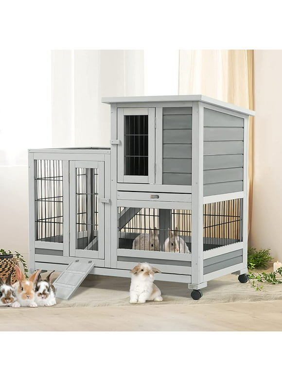 YODOLLA Indoor Rabbit Hutch Bunny Cage Large Pet House for Small Animal with Wheels