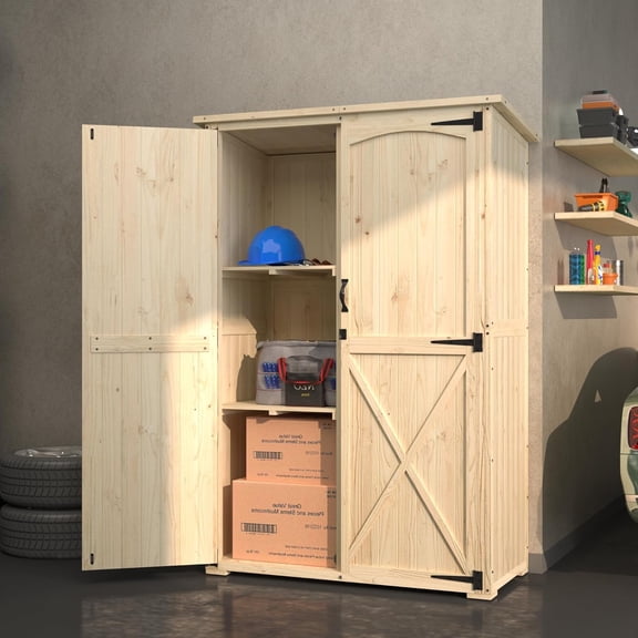 YODOLLA Large Outdoor Wooden Storage Shed with Waterproof Roof, Featuring a Tool Shed with 2 Removable Shelves and Double Lockable Doors in Natural Wood