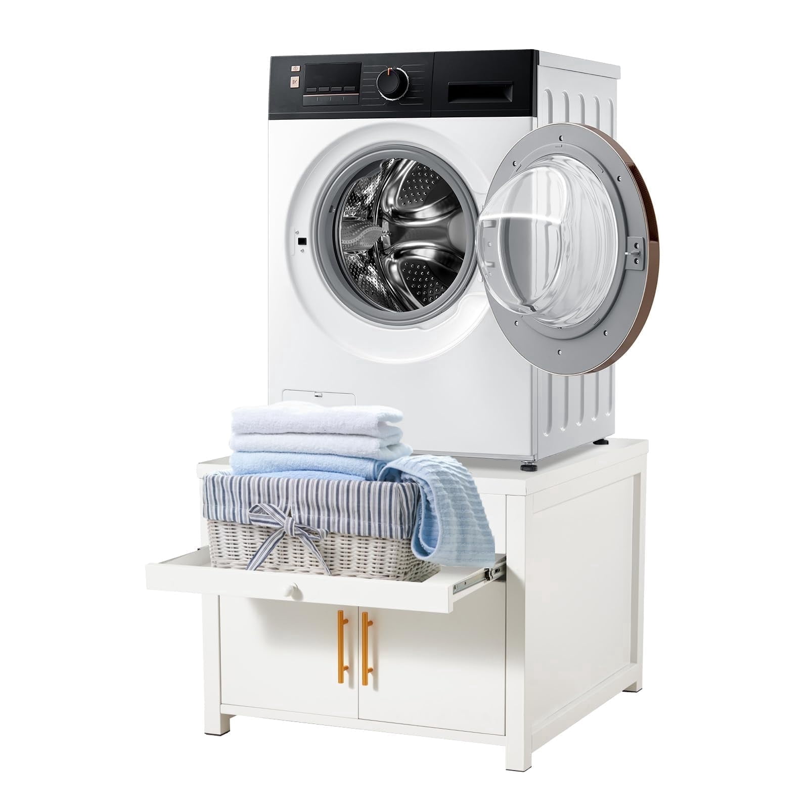 YODOLLA Washer Dryer Pedestal with Storage, 29″L x 29″W x 23″ H Heavy Duty Laundry Stand Cabinet in White