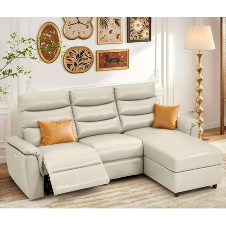 YODOLLA Leather Power Reclining Sofa Set, Reclining Sectional Couches with Storage Chaise, Adjustable Backrest & Footrest, L Shaped Pull Out Couch for Living Room Home Theater Apartment RV in Beige