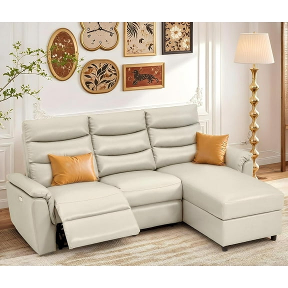 YODOLLA Leather Power Reclining Sofa Set, Reclining Sectional Couches with Storage Chaise, Adjustable Backrest & Footrest, L Shaped Pull Out Couch for Living Room Home Theater Apartment RV in Beige