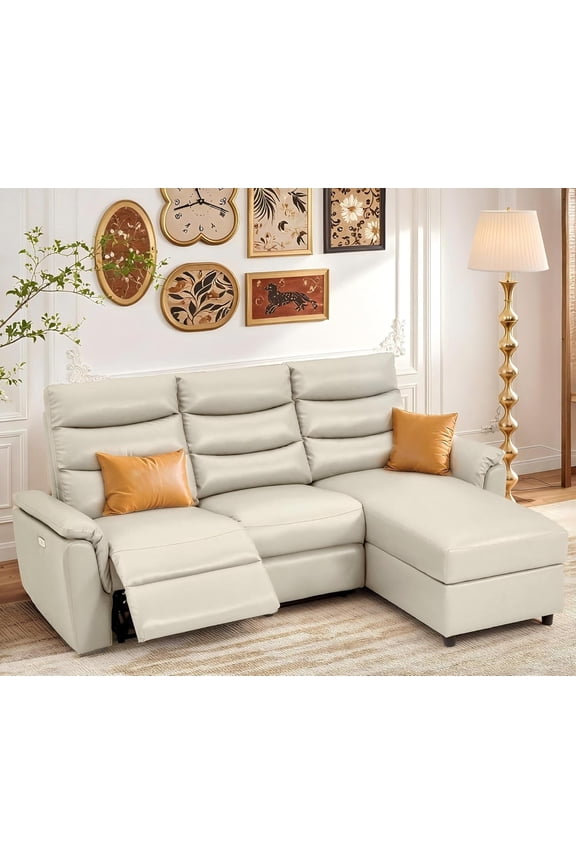 Leather Power Reclining Sofa Set, Reclining Sectional Couches with Storage Chaise, Adjustable Backrest & Footrest, L Shaped Pull Out Couch for Living Room Home Theater Apartment RV in Beige