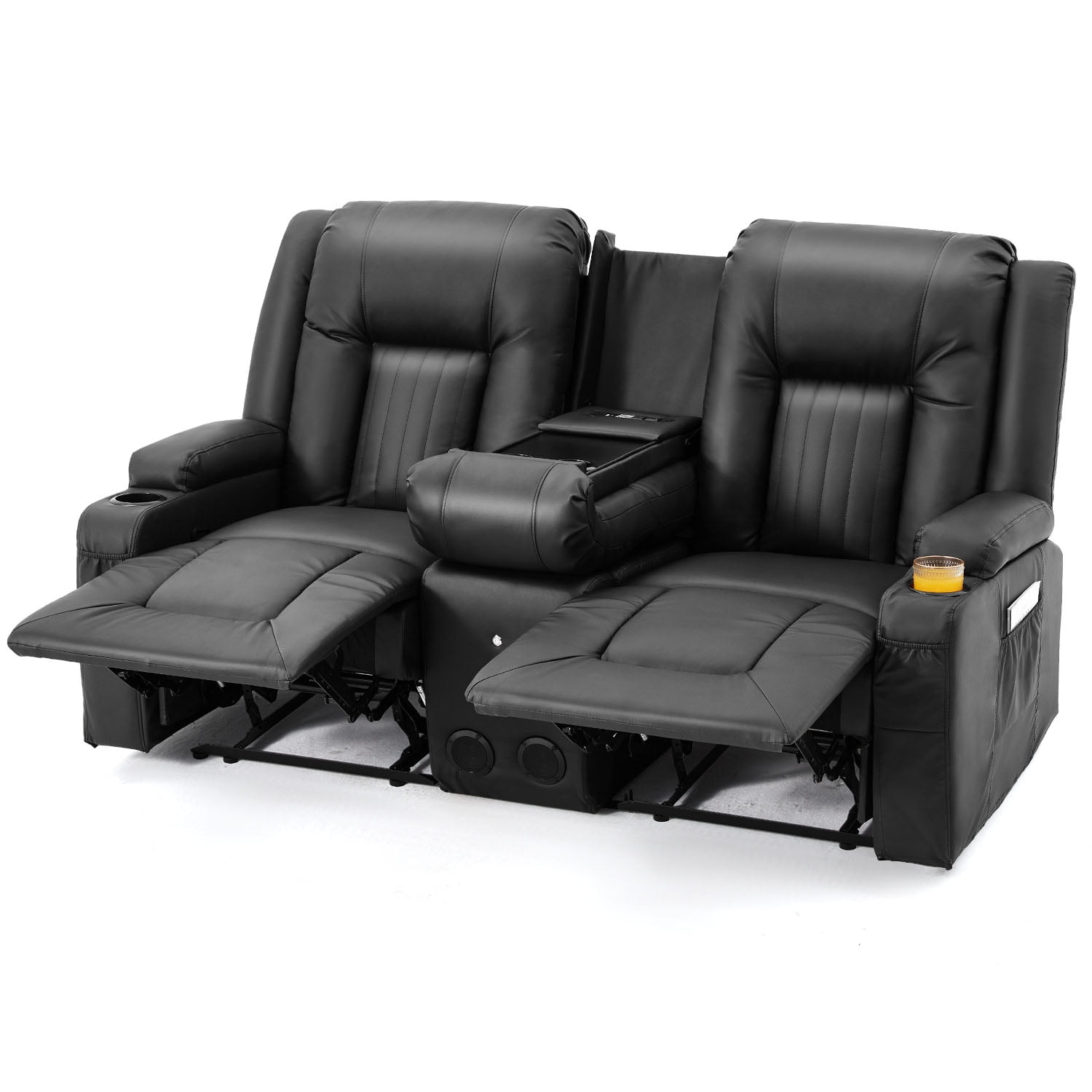 YODOLLA Loveseat Recliners with Console&Bluetooth Speakers, Recliner Chair Reclining Sofa with USB Ports&4 Cup Holders, 2 Side Pockets Wall Hugger Recliner Home Theater Seating, Fuax Leather, Black