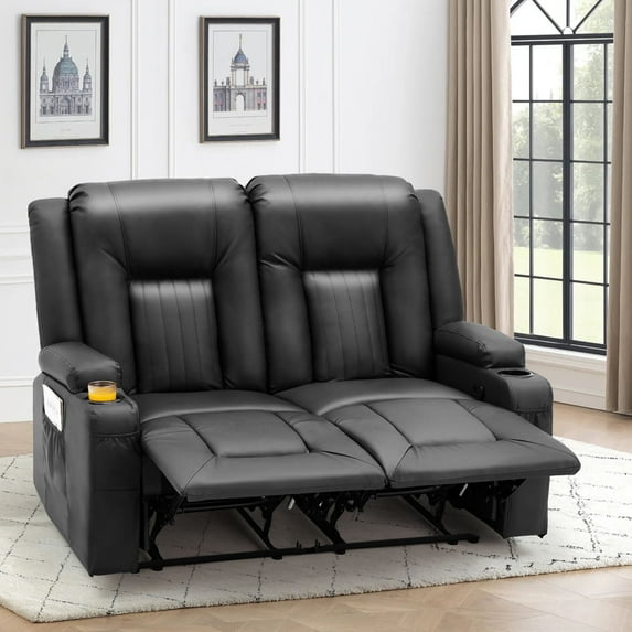 YODOLLA Manual Reclining Loveseat with Cup Holders&Side Pockets, PU Leather Double Recliner Loveseat Home Theater Seating-Black