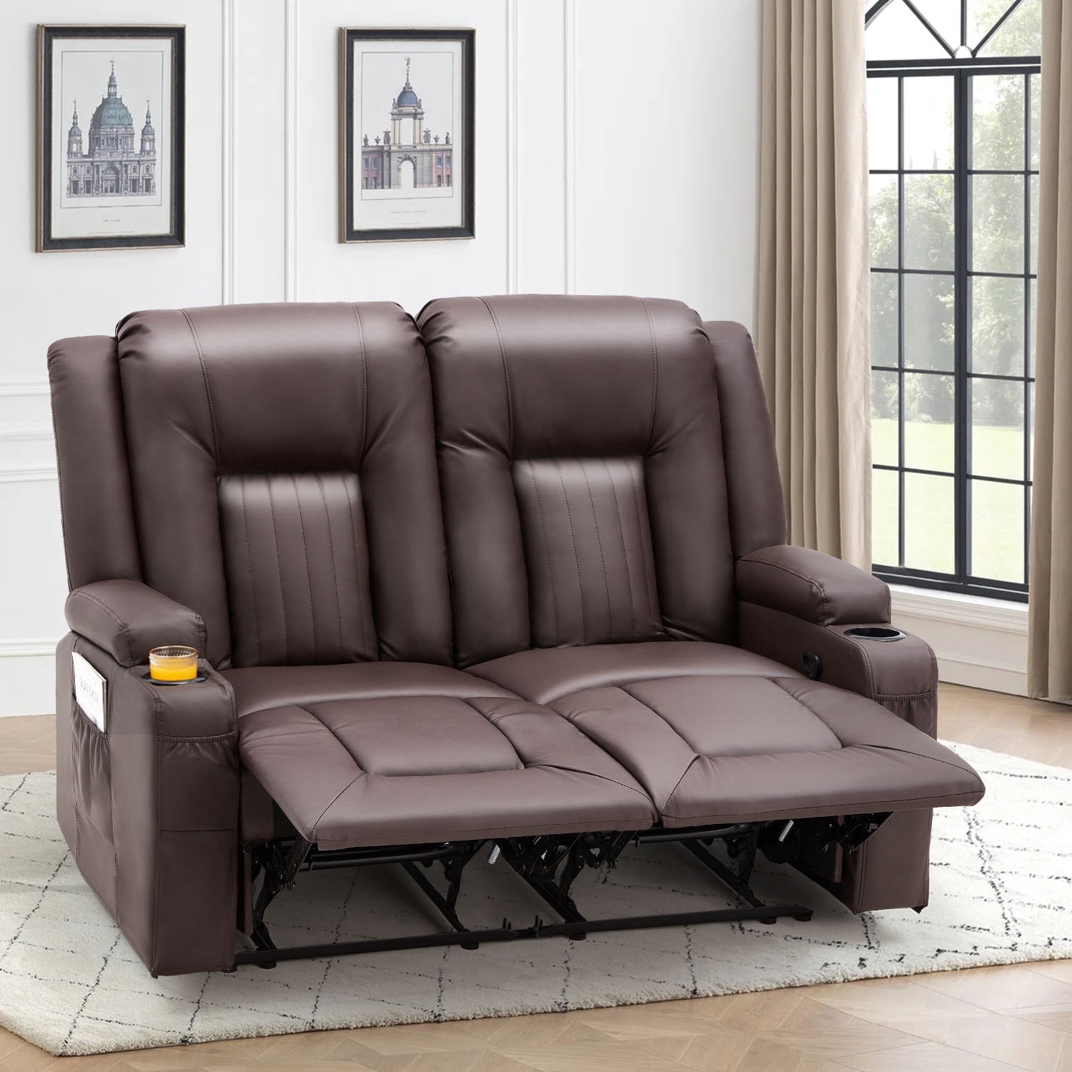 YODOLLA Manual Reclining Loveseat with Cup Holders&Side Pockets, PU Leather Double Recliner Loveseat  Home Theater Seating-Brown