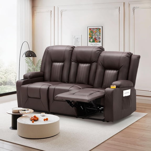 YODOLLA Manual Reclining Sofa with Side Pockets& Cup Holders, PU Leather Home Theater Seating, 3 Seat Recliner Chair in Brown
