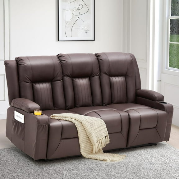 YODOLLA Manual Reclining Sofa with Side Cup Holders& Side Pockets, PU Leather Home Theater Seating, 3 Seat Recliner Chair in Brown
