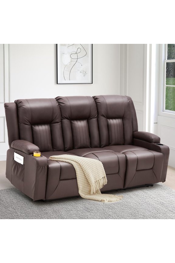 Manual Reclining Sofa with Side Cup Holders& Side Pockets, PU Leather Home Theater Seating, 3 Seat Recliner Chair in Brown