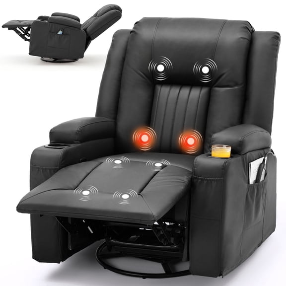 YODOLLA Massage Manual Recliner Chair with Heat and Vibration Massage, PU Leather Swivel Rocker Recliner Chair for Adults with 2 Cup Holders, Remote Control-Black