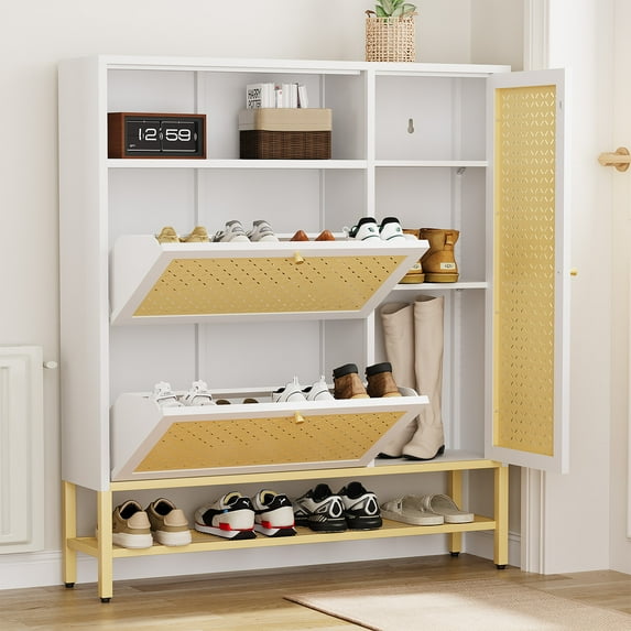 YODOLLA Metal Shoe Cabinet, Shoe Rack Organizer Entryway Cabinet with Storage,White