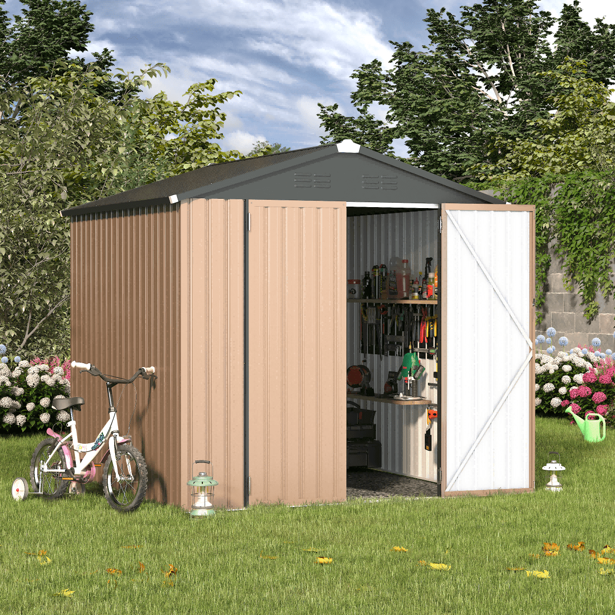 YODOLLA 7x7ft Backyard Garden Metal Storage Shed with Sliding Roof