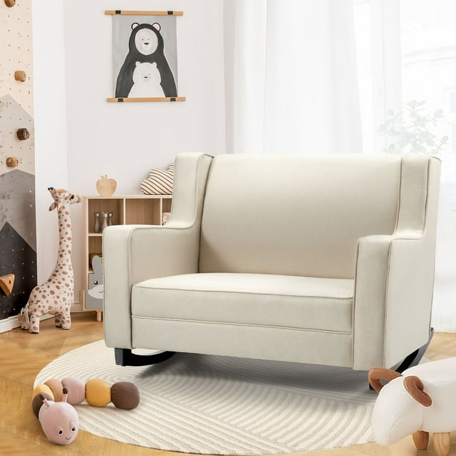 YODOLLA Nursery Rocking Chairs with Spacious Wingback, Double Wide Rocker,Cream
