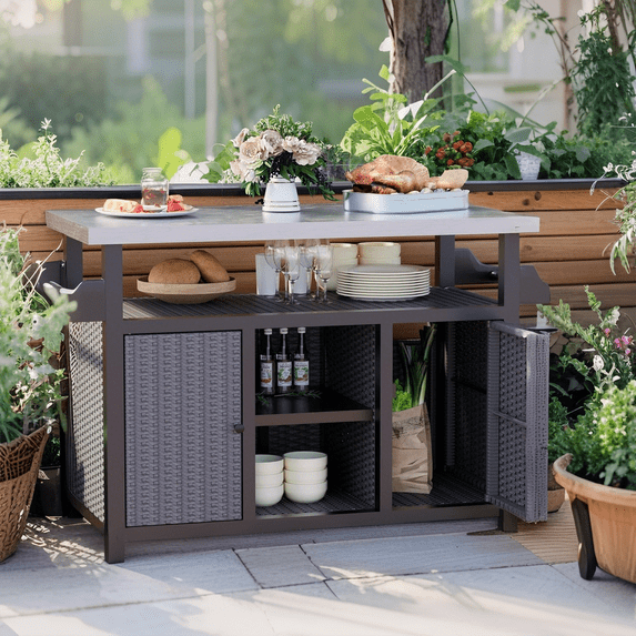 YODOLLA Outdoor Bar Cart with Rattan Storage Cabinet, Outdoor Prep Table Grill Cart with Rolling Wheels, Gray