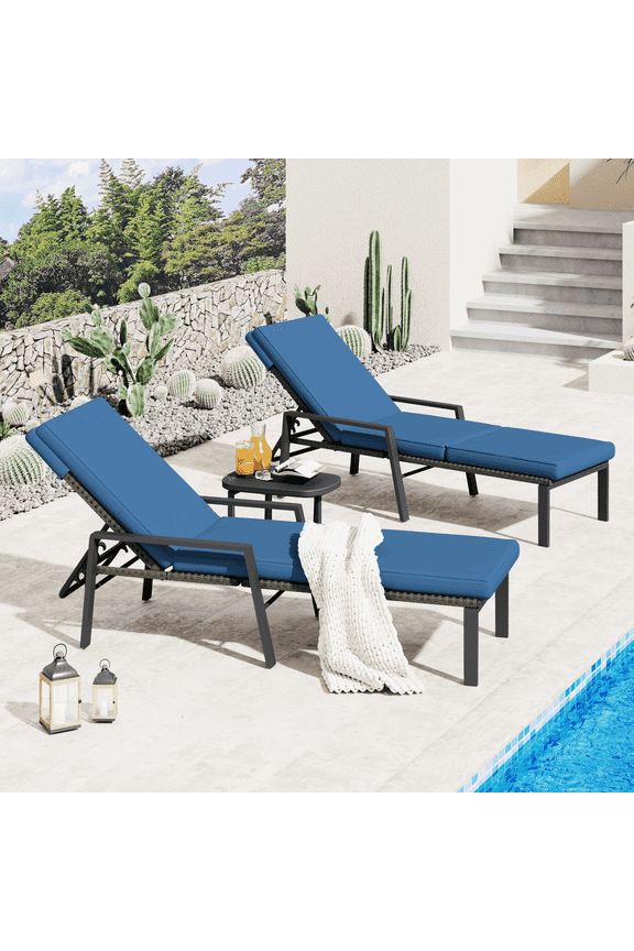 Outdoor Chaise Lounge Chairs Set with Adjustable for Comfortable Relaxation, Sturdy Rattan Loungers for Patio Poolside in Navy Blue（2 Pcs）