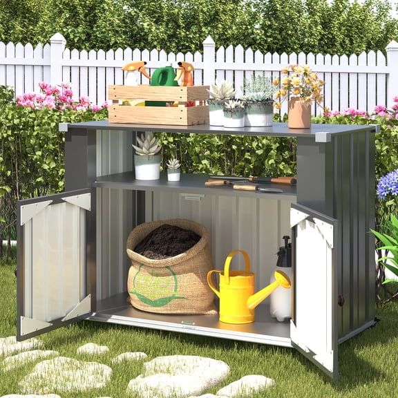 YODOLLA Outdoor Grill Table Cart with Storage Cabinet and Counter Prep Table, Weatherproof Dark Grey Kitchen Island