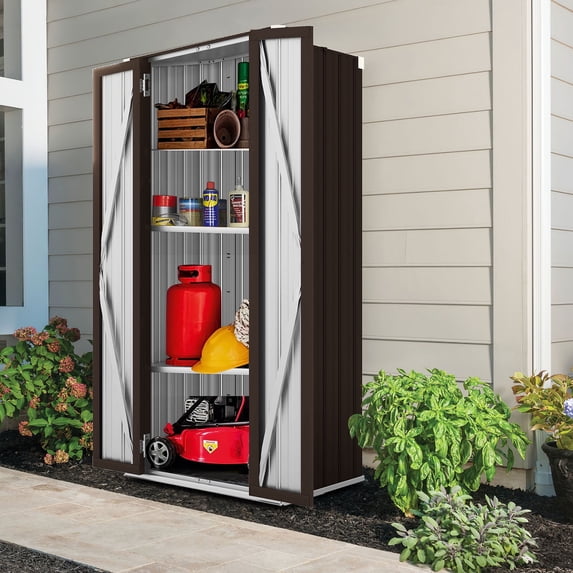 YODOLLA Outdoor Metal Storage Cabinet with Locking Doors and Adjustable Shelves for Home, Office,Garden(Brown)