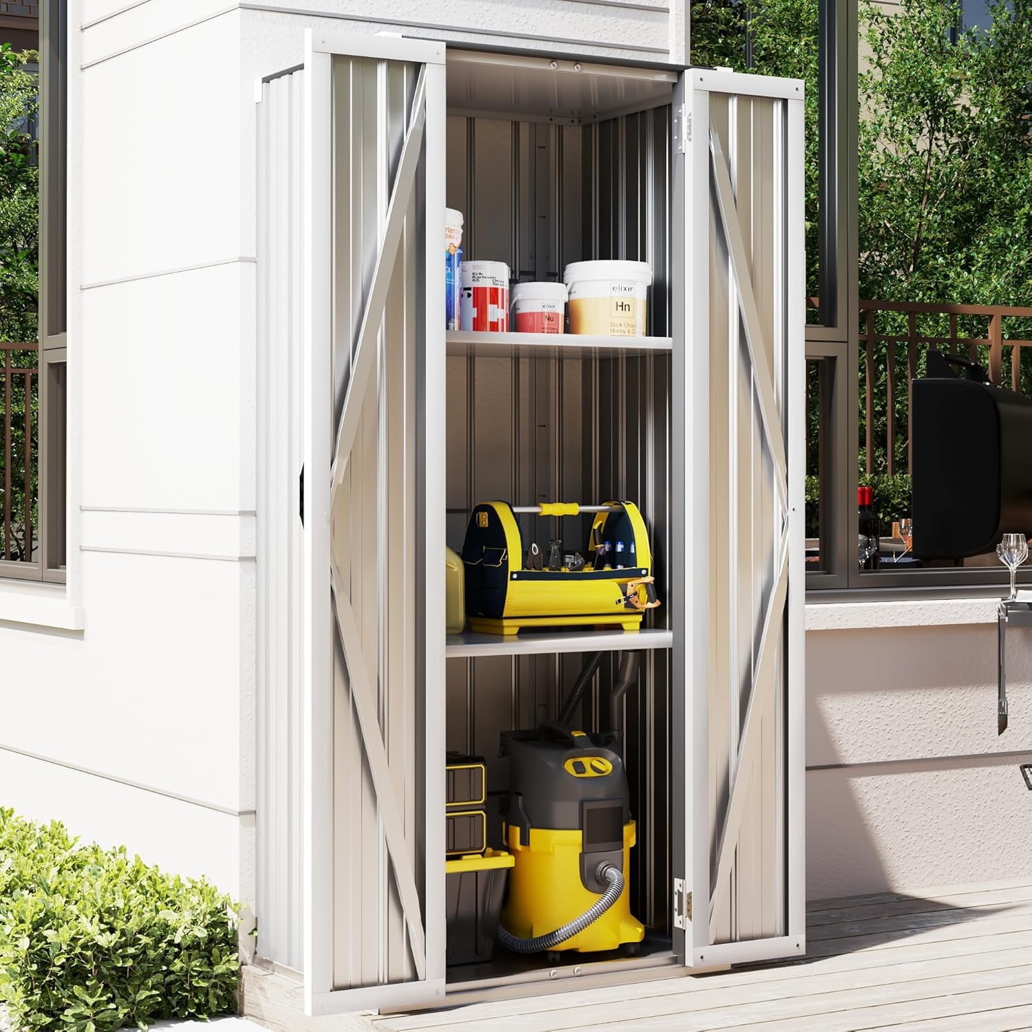 YODOLLA Outdoor Metal Storage Cabinet with Locking Doors and Adjustable Shelves for Home, Office,Garden(White)