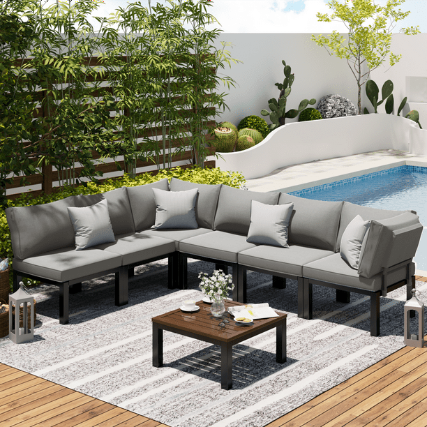 Yodolla 7 Piece Outdoor Patio Furniture Set Clearance Metal Patio Sectional Sofa Set On Sale with Grey Cushions