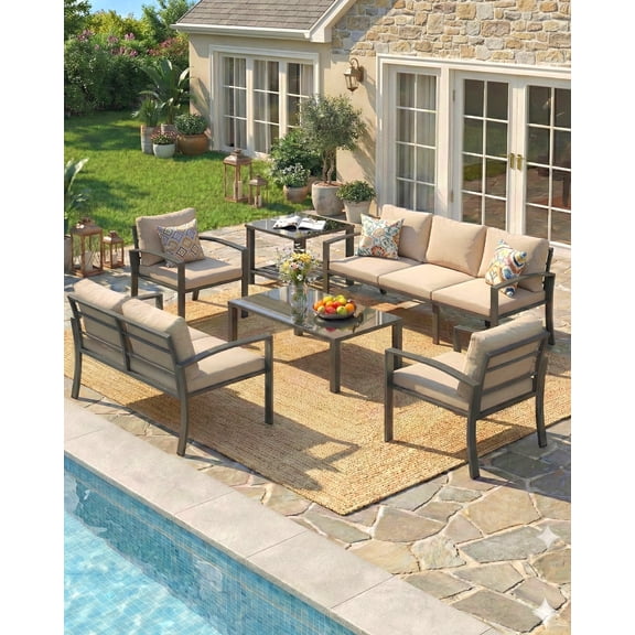 YODOLLA 7-Seat Metal Patio Furniture Set with Coffee Table and Side Table, Outdoor Conversation Set with Deep Cushions, Beige
