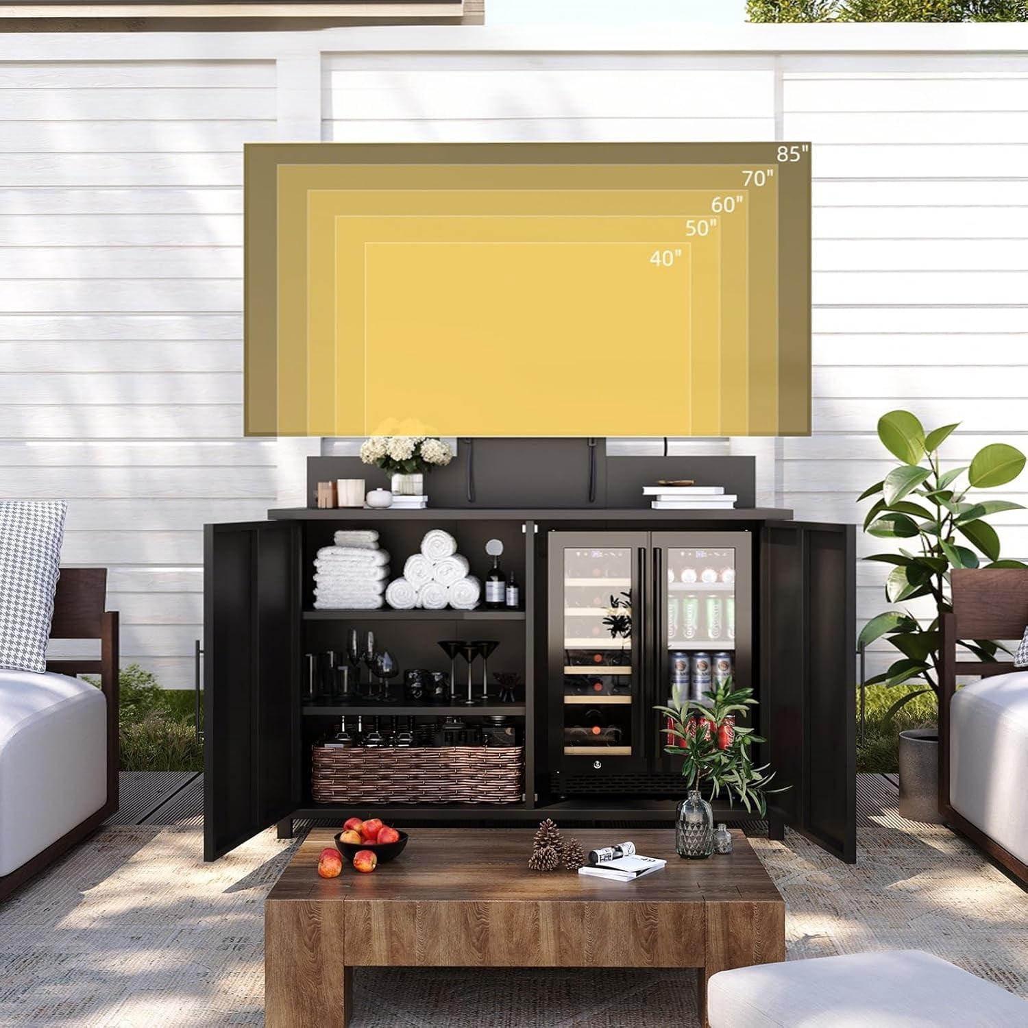 YODOLLA Outdoor Storage Cabinet with TV Mount for 40–85 Inch TVs, Outdoor TV Stand with Storage Cabinet Waterproof, Heavy Duty Metal Entertainment Center for Mini Fridge Storage in Black
