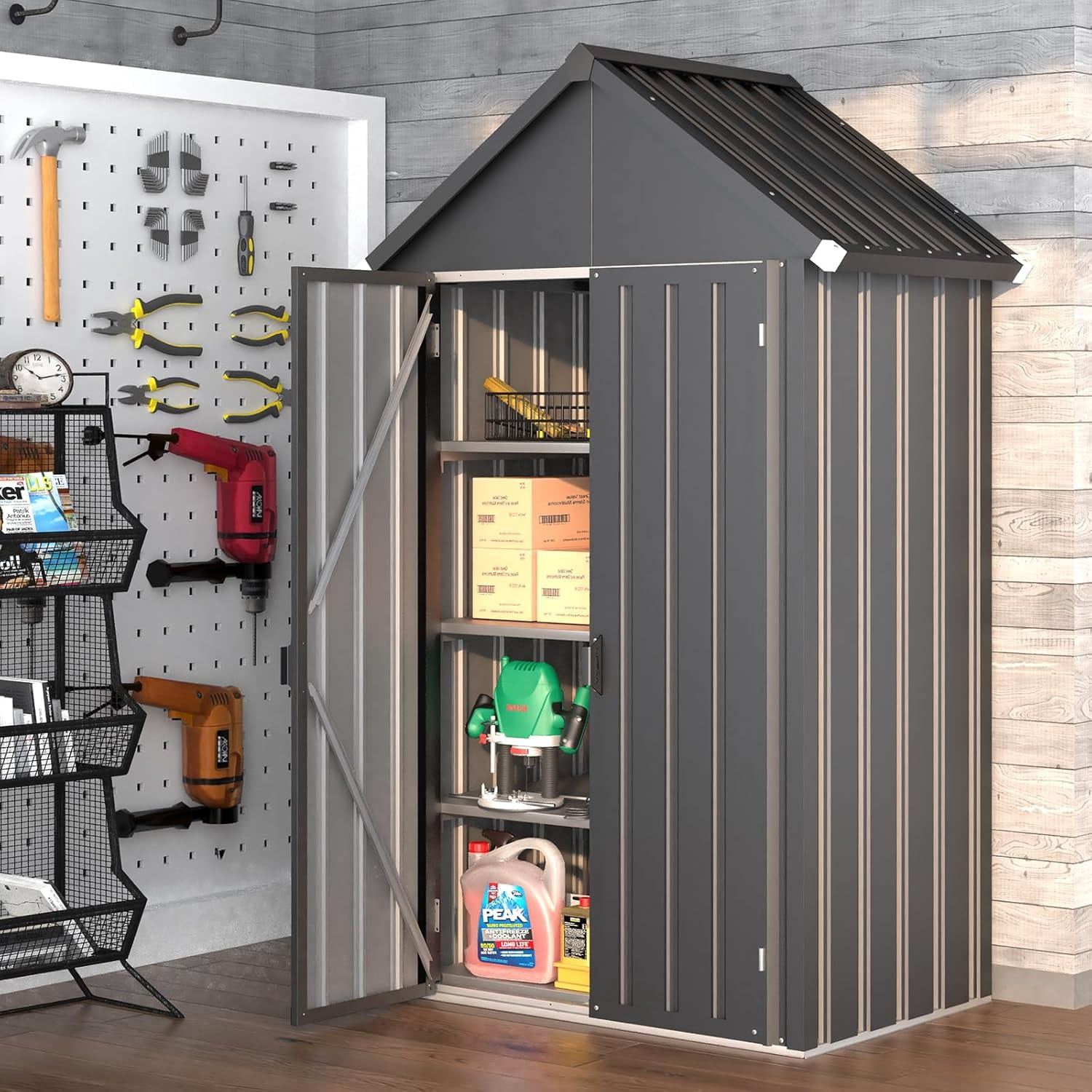 YODOLLA Outdoor Storage Cabinet with Shelves& Double Door Metal Vertical Storage Shed Organizer for Garden & Patio in Gray