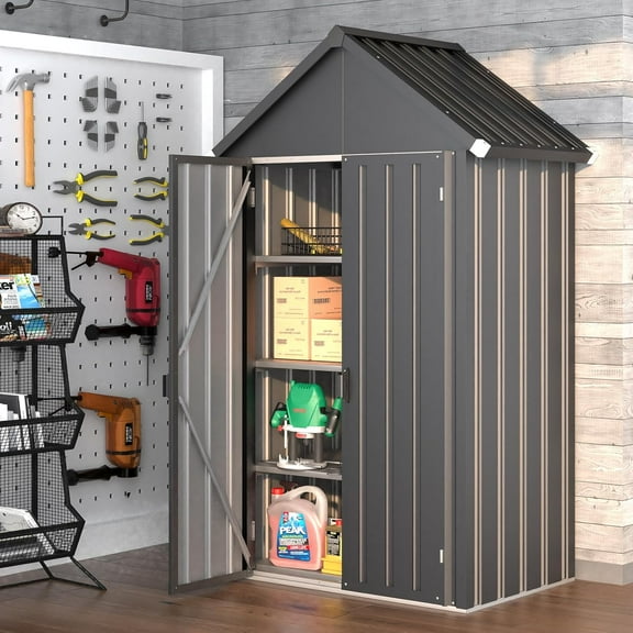 YODOLLA Outdoor Storage Cabinet with Shelves& Double Door Metal Vertical Storage Shed Organizer for Garden & Patio in Gray