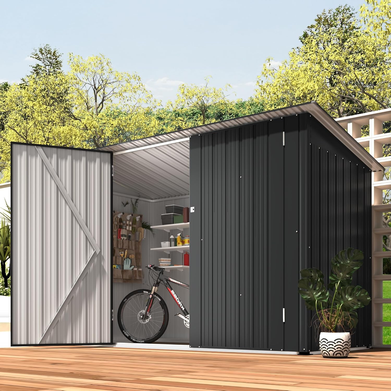 Gray Metal Outdoor Storage Shed with Shelves, 3 x 7 ft