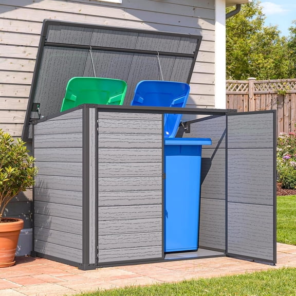 YODOLLA Plastic Outdoor Trash Can Storage Shed with Reinforced Floor, Holds 2x64 Gal Cans, 60 Cu.Ft Capacity Storage Cabinet , Waterproof Resin Build & UV-Resistant