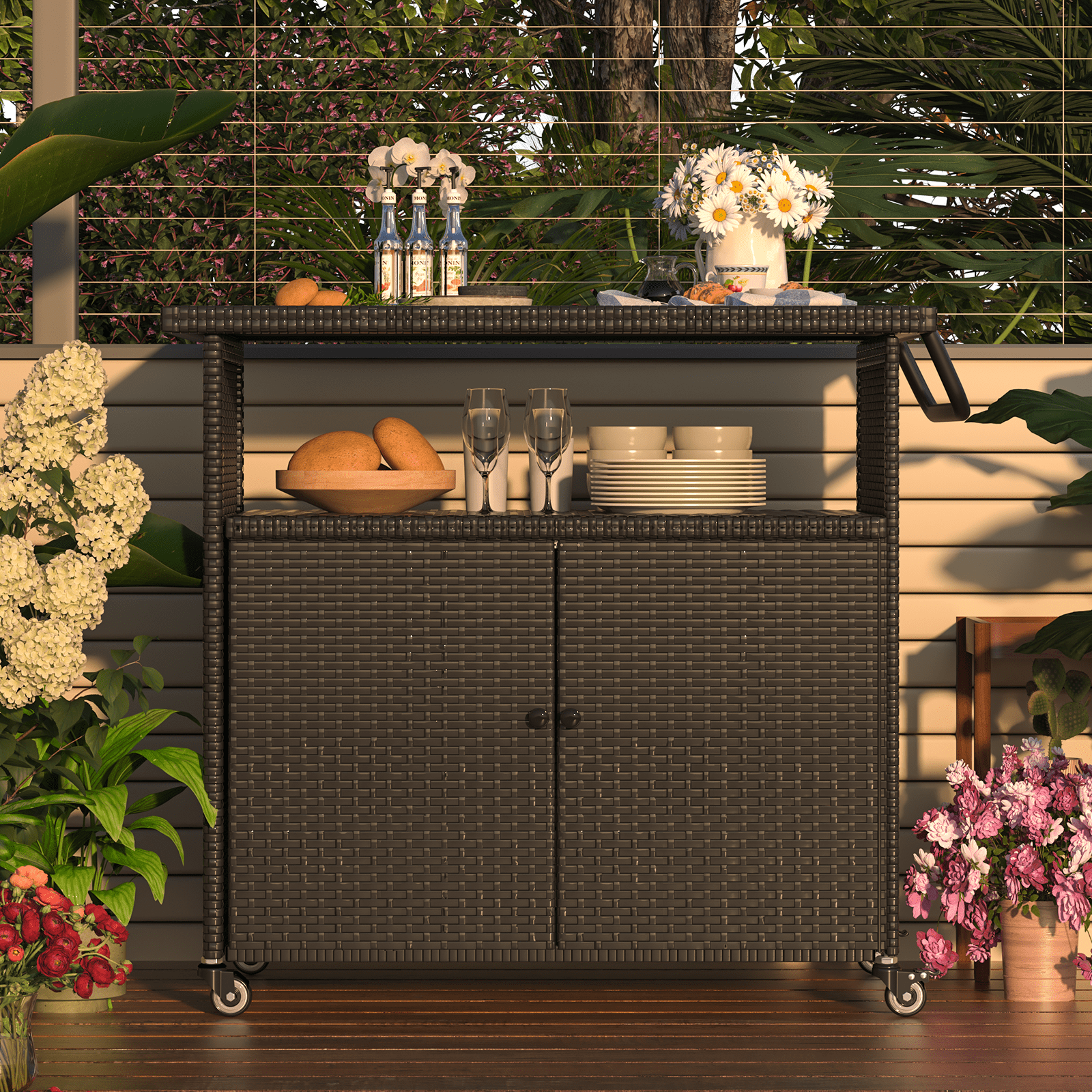 Picture Idea: Yodolla Outdoor Wicker Bar Table With Wheels Shelf Patio Serving