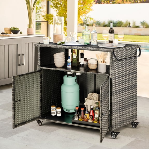 YODOLLA Outdoor Wicker Bar Table with Wheels & Shelf Patio Serving Table Outdoor Storage Cabinet, Gray