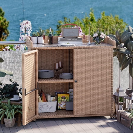 YODOLLA Outdoor Wicker Storage Cabinet, Wicker Rattan Storage Cabinet with 2 Doors, Potting Benches, Beige