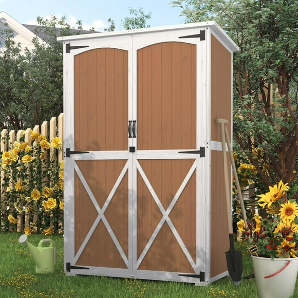 YODOLLA Outdoor Wooden Storage Shed with Waterproof Roof, Patio Storage Cabinet with 2 Removable Shelves and Double Lockable Doors in Brown