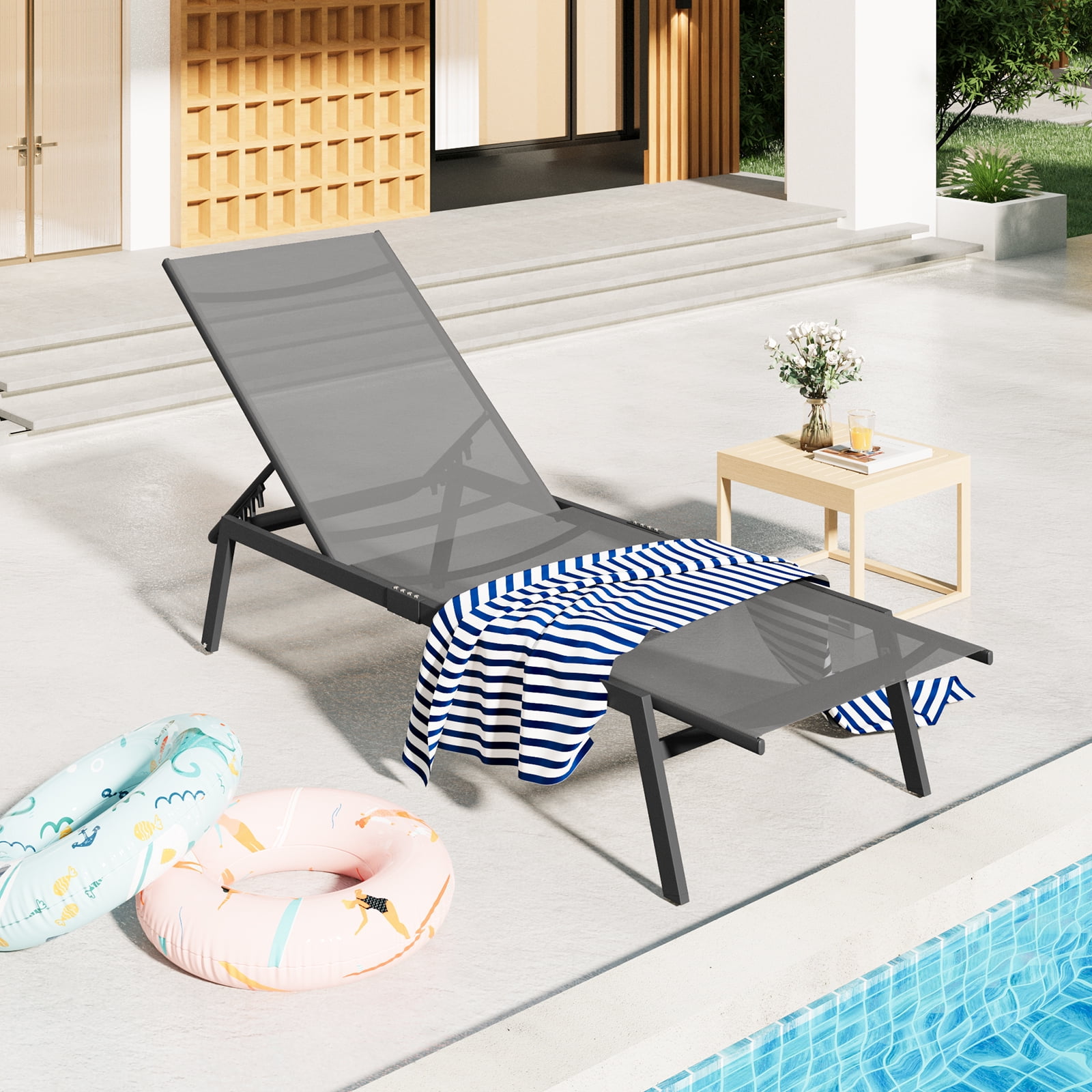 YODOLLA Patio Adjustable Lounge Chair Recliner with Wheels - Dark Gray ...