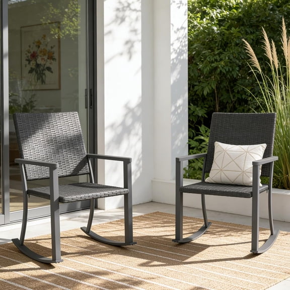 YODOLLA Patio Rocking Chair (2pcs), Outdoor Rattan Wicker Patio Chair with Armrests and Metal Frame, All-Weather Outdoor Furniture for Backyard Deck Garden