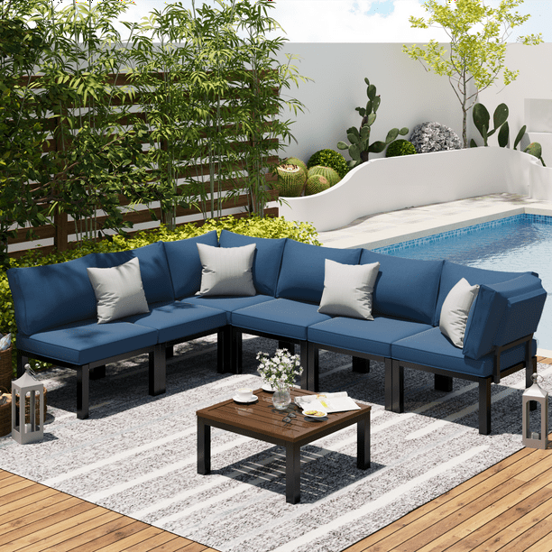 Black 7 Piece Metal Patio Sectional Conversation Set with Blue Cushions