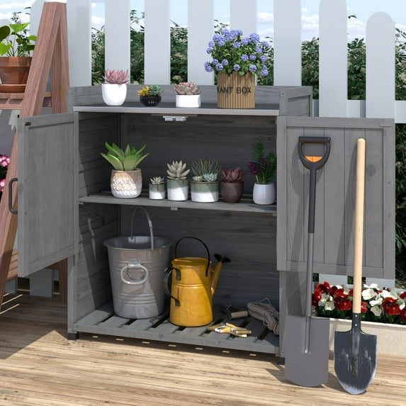 YODOLLA Potting Bench, Wooden Outdoor Storage Cabinet with Adjustable Shelf, Patio Storage with Metal Tabletop, Potting Table for Garden, Patio and Lawns, Gray
