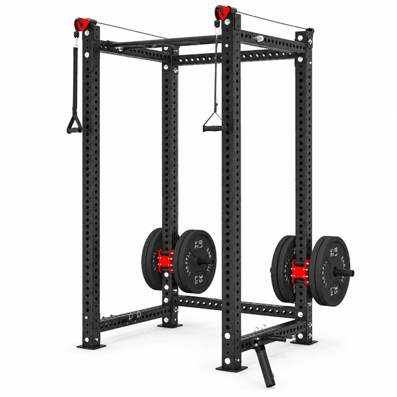 YODOLLA Power Cage, 2000 lb 3 x 3 Power Rack with Built-In Pulley System, Heavy-Duty Squat Rack Cable Machine for Home Gym, Black