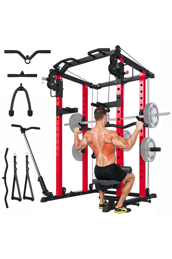 Power Rack Cage, 2000lbs Squat Rack with LAT Pulldown and Cable Crossover Machine, Multi-Function Home Gym Strength Training Equipment with Pulley System
