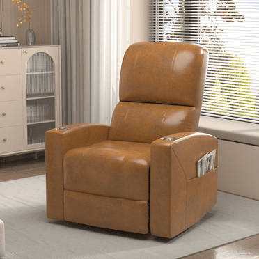 YODOLLA Power Recliner Chair Faux Leather Sofa Chair for Adult with Side Pocket and Cup Holders Nursery, Living Room, Bedroom, Brown