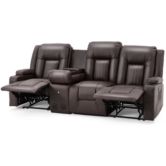 YODOLLA Reclining Sofa with Console&Bluetooth Speakers, Manual RV Recliner Couch with USB Ports&4 Cup Holders, 2 Side Pockets Recliners on Clearance Home Theater Seating, Fuax Leather, Brown