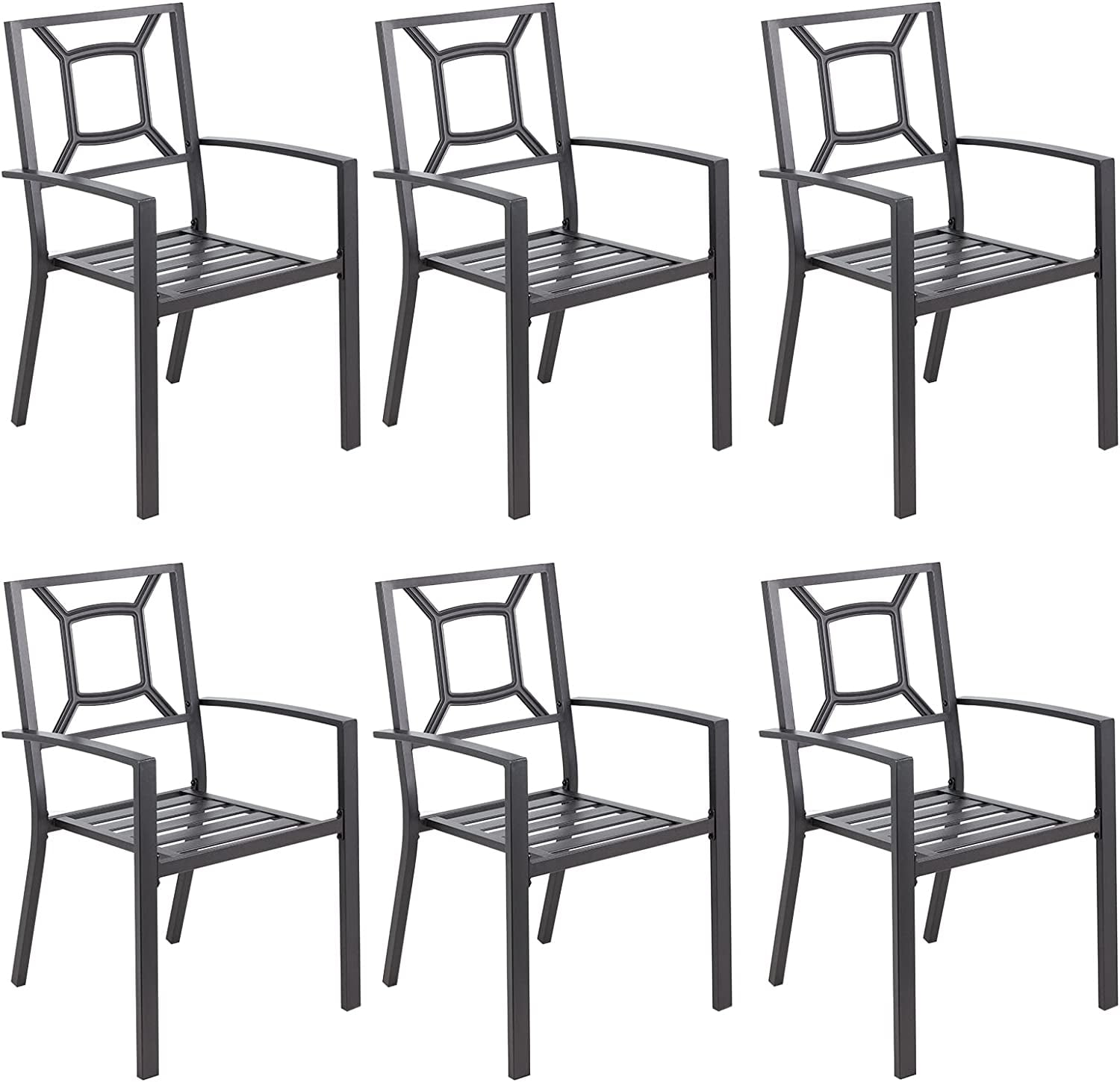 Black Steel Stackable Outdoor Dining Armchairs, Set of 6