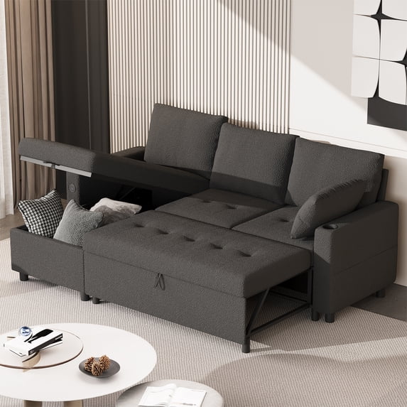 YODOLLA Teddy Velvet L Shaped Sofa Couch with Pull Out Bed Sectional ...