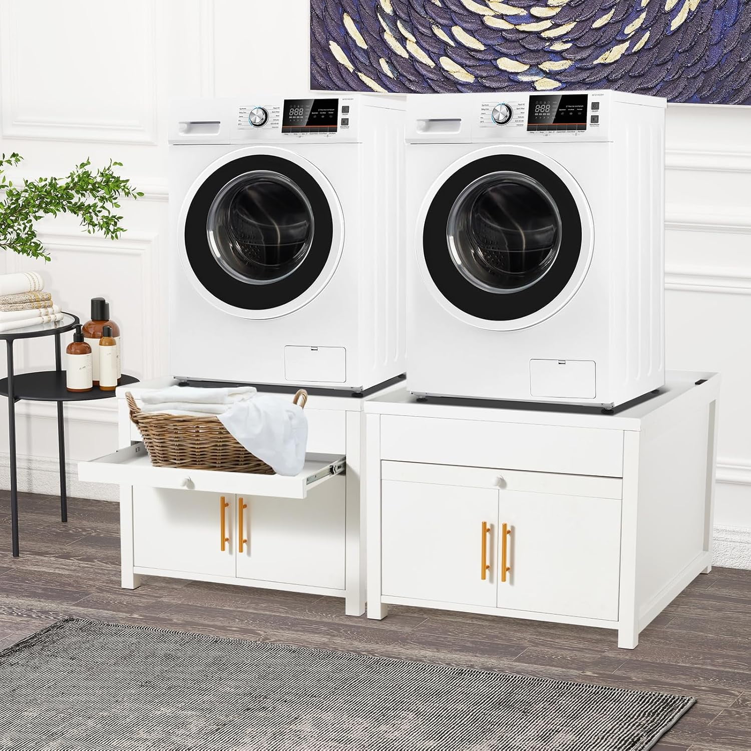 YODOLLA Washer Dryer Pedestal with Storage (2PCS), 29″L x 29″W x 23″ H Heavy Duty Laundry Stand Cabinet in White