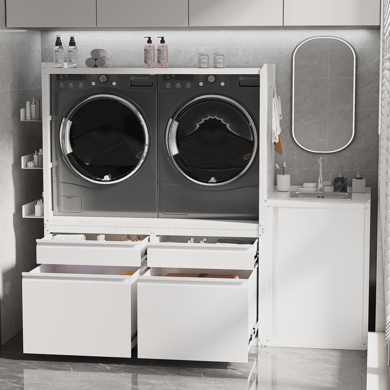 YODOLLA Washing Machine Base, holds 2 washers & dryers, 1300LBS heavy-duty anti-vibration withsink cabinet, drawer hook hanger panel, storage cabinet, White