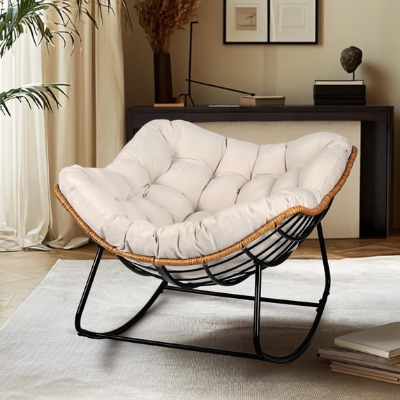 YOEEMZ Oversized PapasOutdoor Egg, Rocking Chair, Indoor Papasan Rocking Chair with Thick Cushion, Modern Lounge Rocker for Balcony, Living Room, Bedroom, Porch, Lawn, (Yellow Wicker & White Cushion)