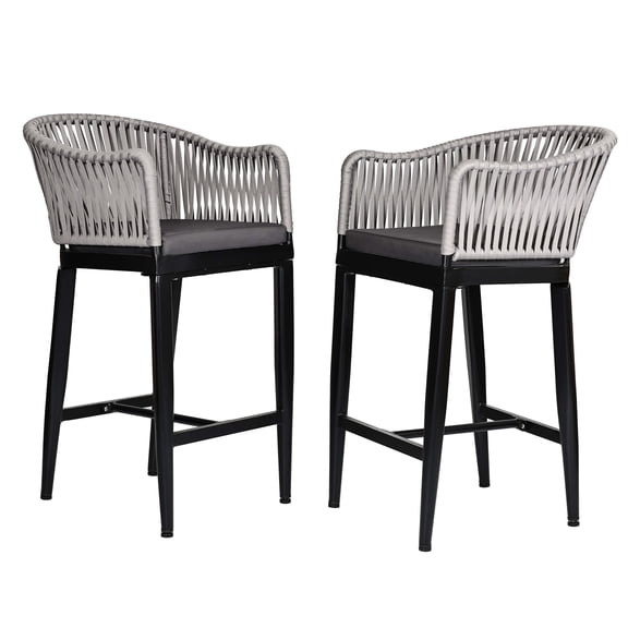 YOEEMZ 25" Outdoor Bar Stools Set of 2, Aluminum Woven Counter Chairs w/ Cushion, Gray