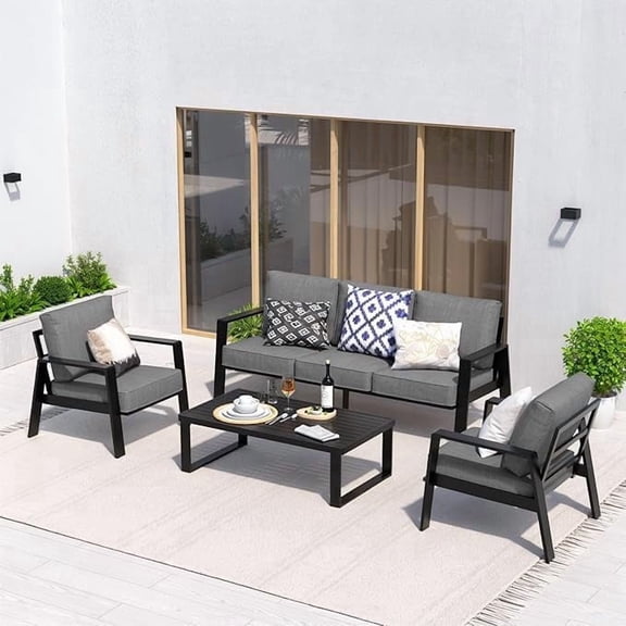 YOEEMZ 4-Piece Steel & Aluminum Patio Conversation Set with 3-Seater Sofa & Coffee Table, Dark Grey